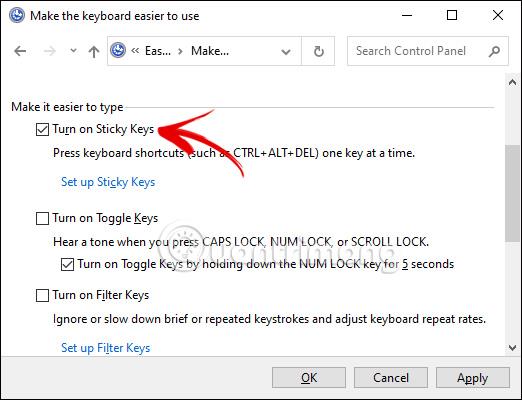 Instruktioner til at tænde/slukke Sticky Keys på Windows